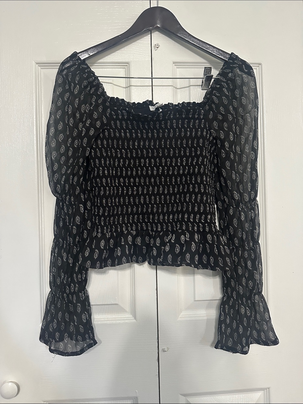 Patrons of Peace Black Smocked Peasant Blouse with White Paisley